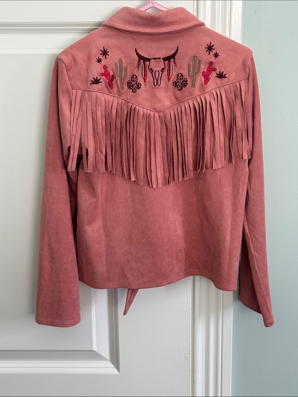 Shyanne Girls Pink Western Cowgirl Shirt Sz XS Faux Suede, tie front embroidered